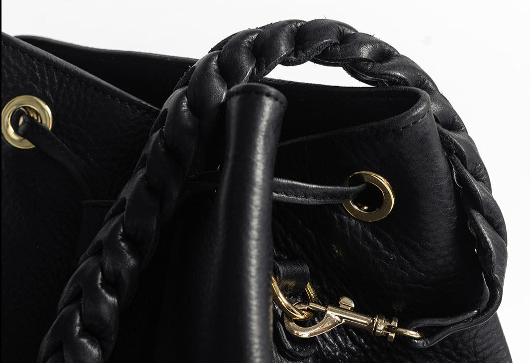 Black Full Grain Leather Bucket Bag